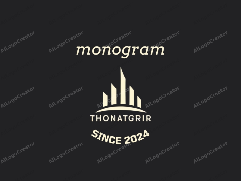 a minimalist design featuring stylized letters integrated with a silhouette of a skyscraper, using a modern design approach combined with a clean black background.