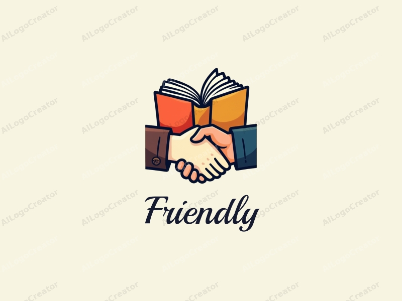 playful design features a stylized book and a handshake, combined with a clean background, emphasizing friendship and community in an educational and social context.