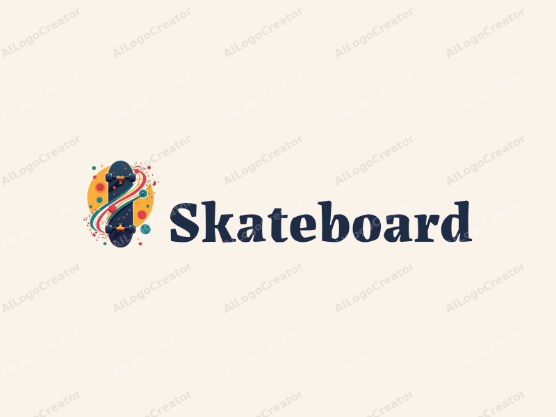 playful design features a vibrant skateboard silhouette, intertwined musical notes, and dynamic circles, combined with a clean background.