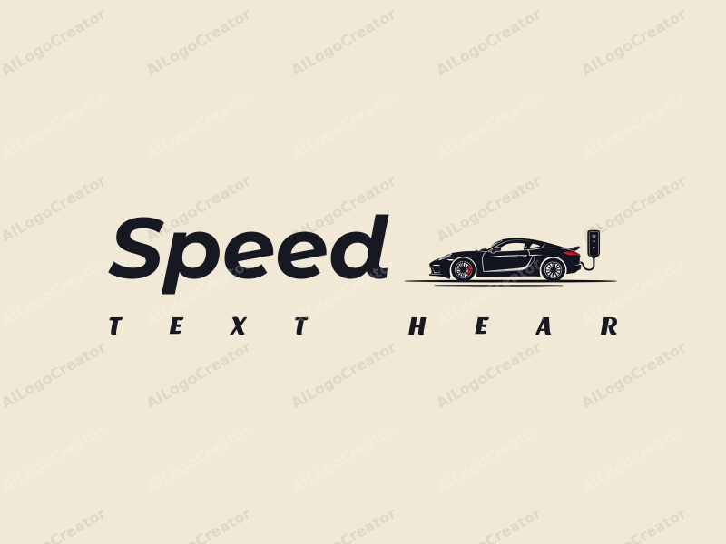 minimalist design features a stylized sports car silhouette, dynamic lines representing speed and power, integrated with a charging station, all set against a clean background.