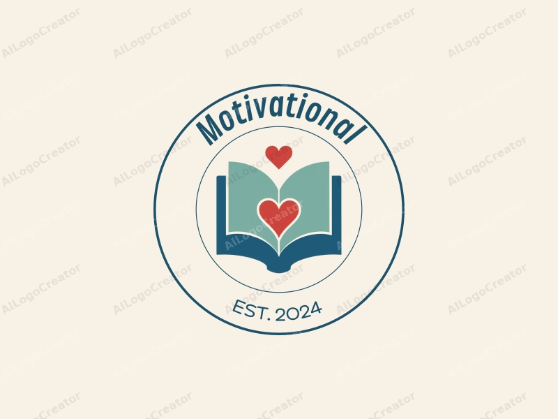 modern design features a stylized book and a heart symbol, representing motivation and encouragement, combined with a clean background in blue and green colors.