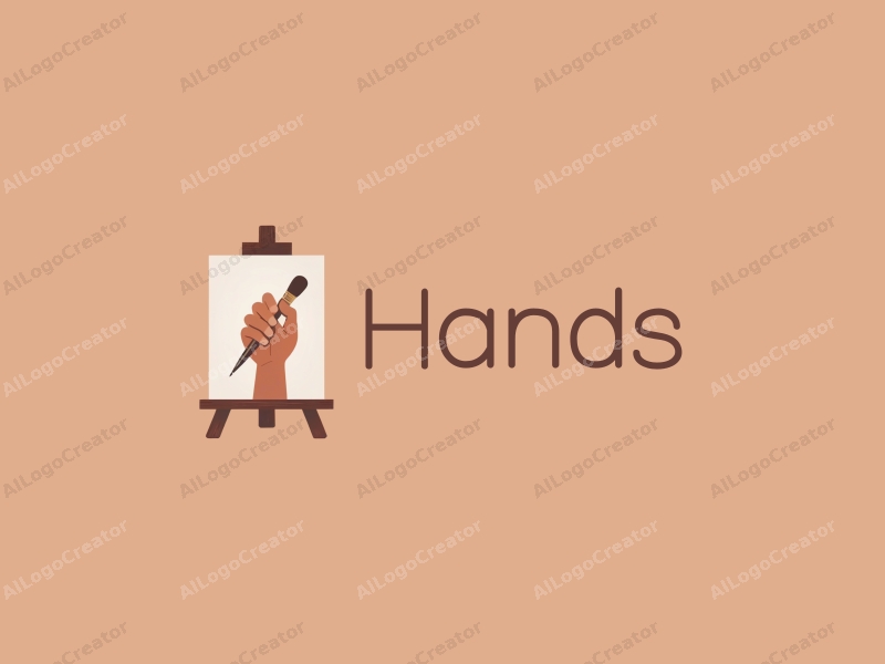 a modern minimalist design featuring a stylized hand gripping a paintbrush, with a canvas in the background, using skin tone colors, combined with a clean and simple layout.