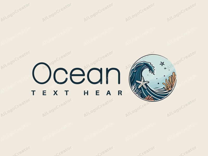 modern design features stylized waves, marine life elements like starfish and coral, combined with a clean background and a harmonious composition.