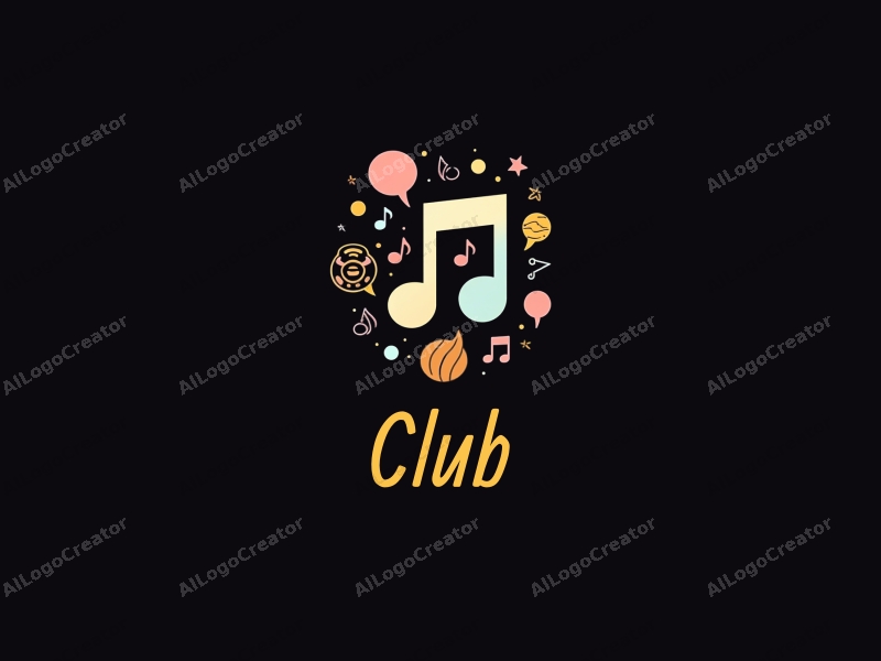 a modern design featuring a stylized club silhouette, intertwined musical notes and speech bubbles, combined with a clean black background.