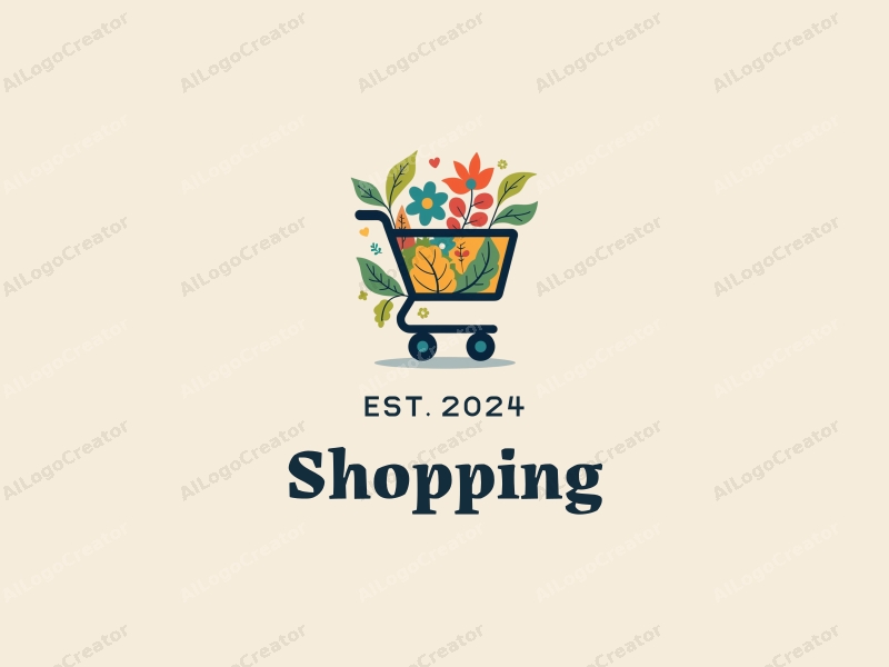 a modern design featuring a colorful shopping cart intertwined with garden elements, set against a backdrop of a stylized mall, emphasizing simplicity and harmony in composition.