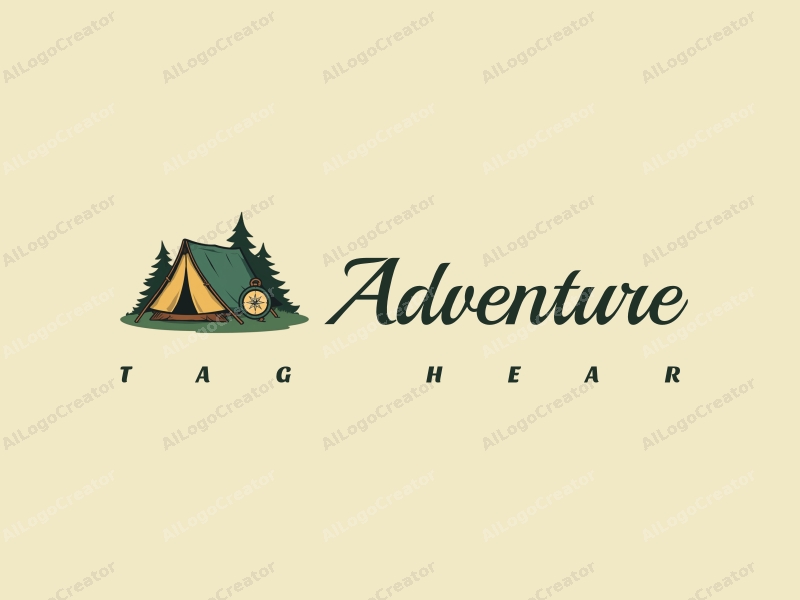 exploratory design features a stylized tent and compass, combined with a clean background, emphasizing adventure and outdoor activities in green and brown tones.