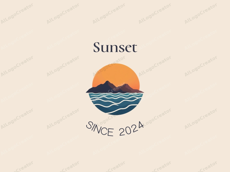 a serene design featuring a sunset over the ocean with stylized mountains and waves, utilizing a natural and romantic approach combined with a clean background.