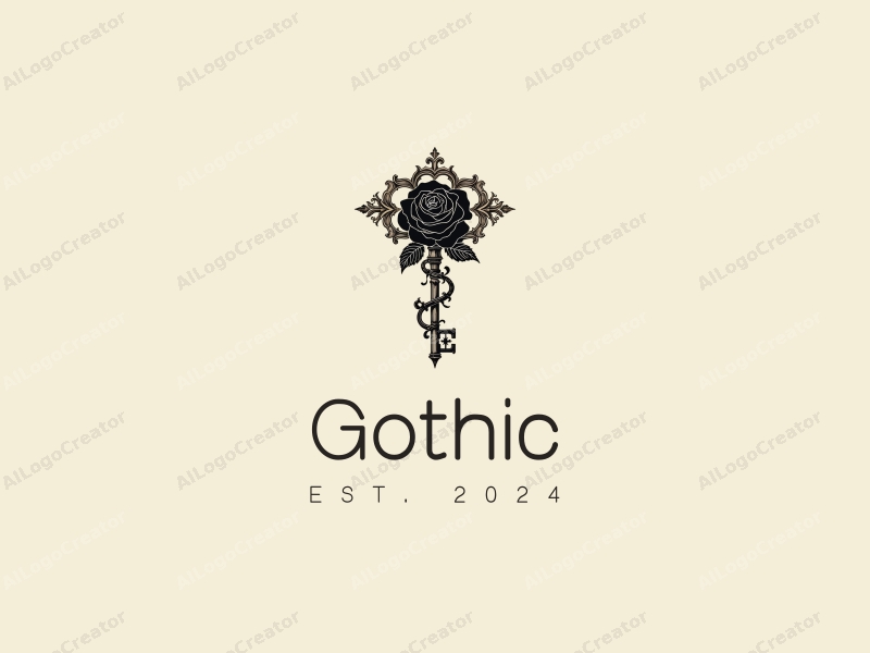 Gothic design features intricate Gothic architecture, stylized Gothic fashion elements, a black rose intertwined with a key, combined with a clean background.