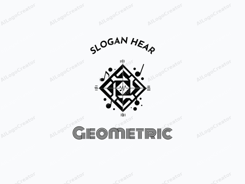 geometric design features a harmonious combination of squares and circles, integrated with musical notes and an electrocardiogram, set against a clean black and white background.