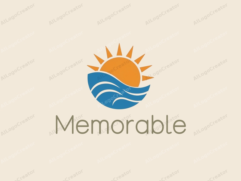 playful design features a stylized wave representing the blue ocean, a sun symbolizing orange sunshine, and iconic elements that evoke memories, combined with a clean background.