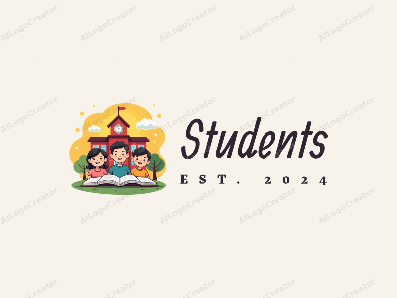 playful design features cheerful students, a stylized school building, open books, and pencils arranged harmoniously with a vibrant background.