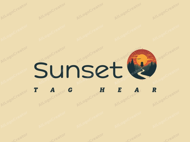 vintage design features a stylized sunset over a scenic landscape, combined with elements of flame and a microphone, all set against a clean background.