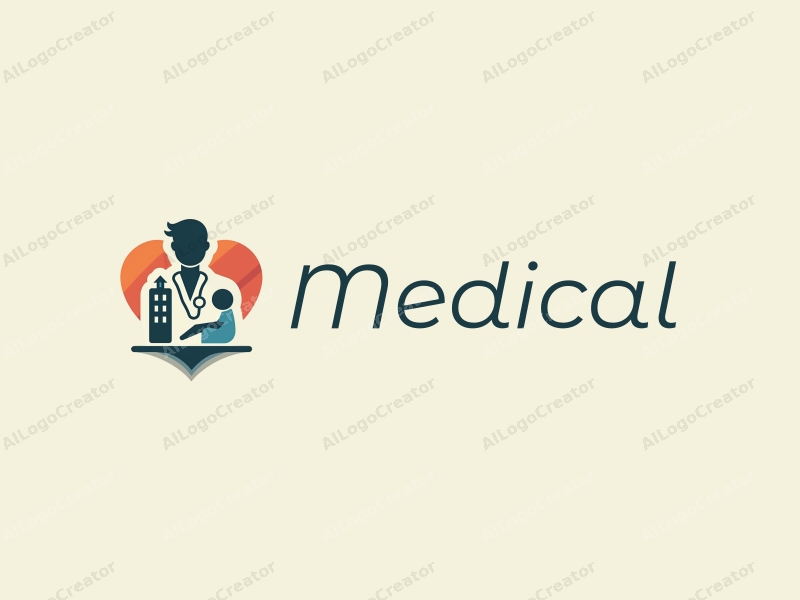 modern design features a stylized hospital silhouette, a doctor with a stethoscope, and a patient, combined with a clean background.