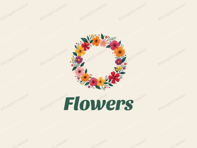 playful design features vibrant flowers and petals arranged in a colorful floral wreath, combined with a clean background.