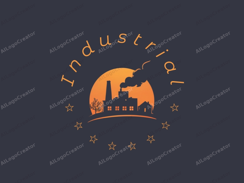 a modern minimalist design featuring a stylized factory silhouette and mechanical elements, combined with a warm and comfortable aesthetic against a clean gray and black background.