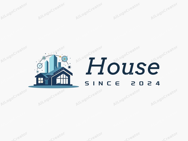 modern design features a stylized house and building silhouette, integrated with technology and information elements, combined with a clean background.