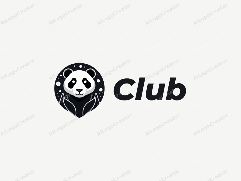 a modern design featuring a stylized panda intertwined with elements of a social club and technology, using a black color palette, combined with a clean and simple background.