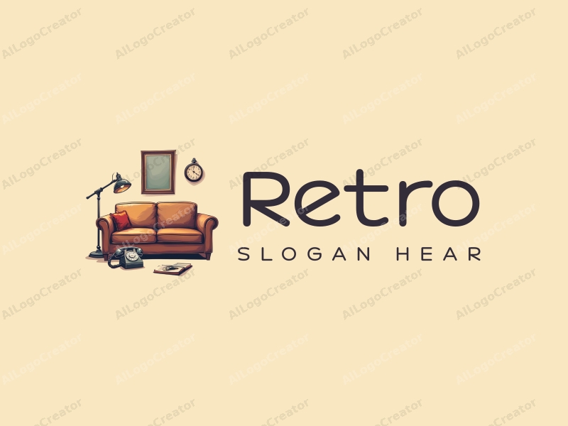 vintage design features a retro sofa and a retro poster, combined with a telephone and tools, set against a clean background.