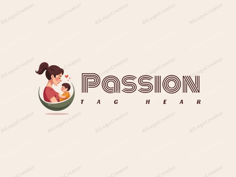 playful design features a stylized silhouette of a mother cradling a baby, incorporating elements of passion and enthusiasm, combined with a clean background.