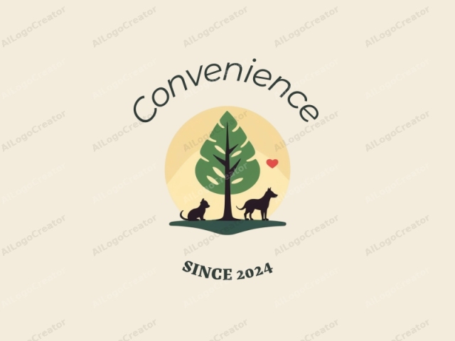 modern design features a stylized tree and a dog, emphasizing convenience and practicality, combined with a clean background.