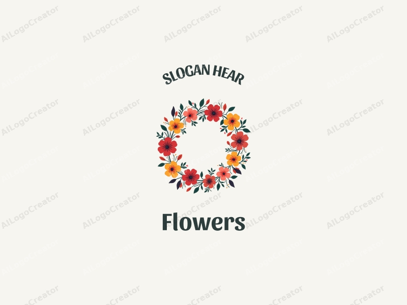 playful design features vibrant flowers and petals arranged in a circular wreath, complemented by playful leaves, all set against a clean background.