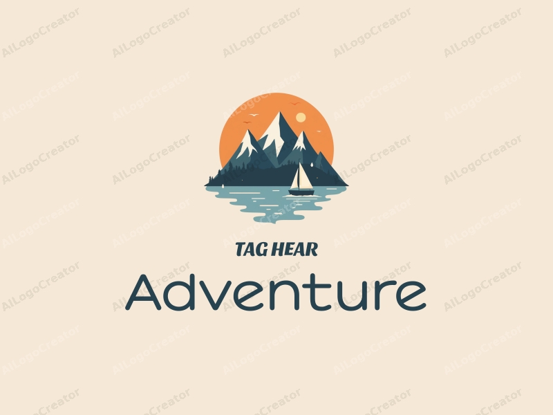 playful design features stylized mountains and sailing elements, combined with adventure and exploration themes, set against a clean background.