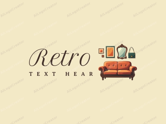 vintage design features a retro sofa, a retro poster, a vintage mirror, and a classic handbag, combined with a clean background.