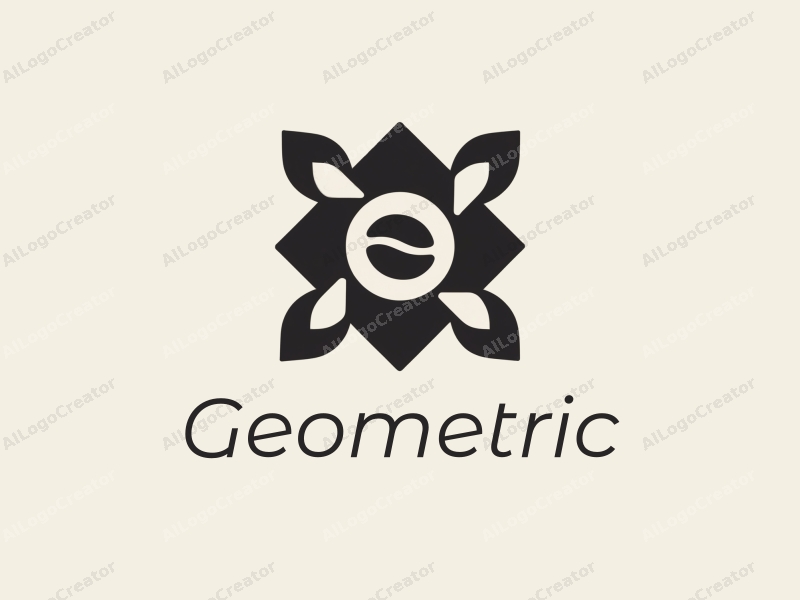 geometric design features a combination of squares and circles, incorporating a stylized turbine and coffee bean, with a clean black and white color scheme.