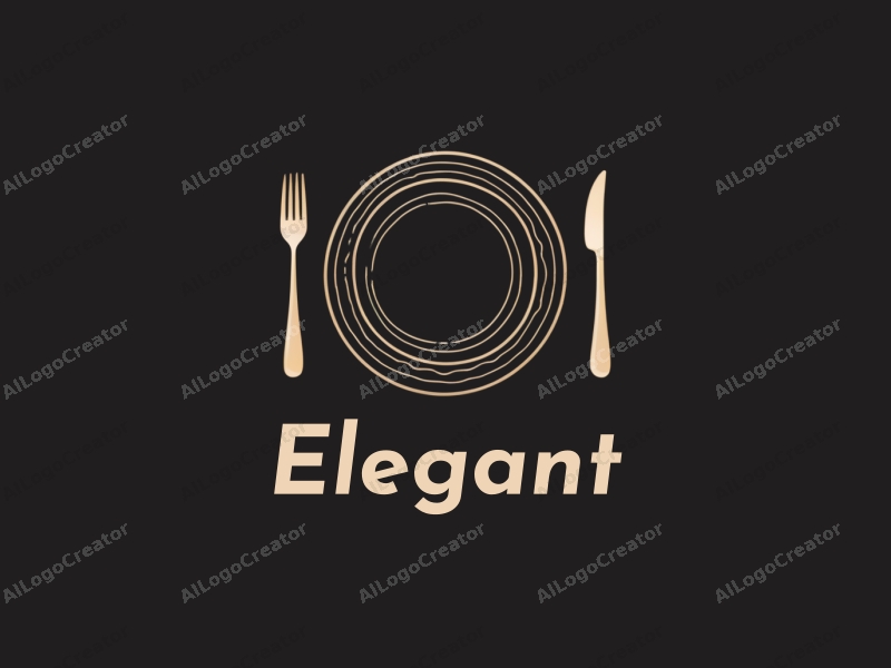 minimalist design features a stylized plate and cutlery, combined with elegant and refined elements, set against a clean black background.