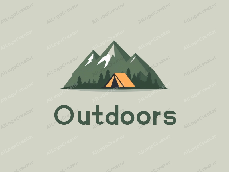 modern design features a stylized mountain silhouette, a simple camping tent, and a harmonious composition with clean lines and a green color palette.