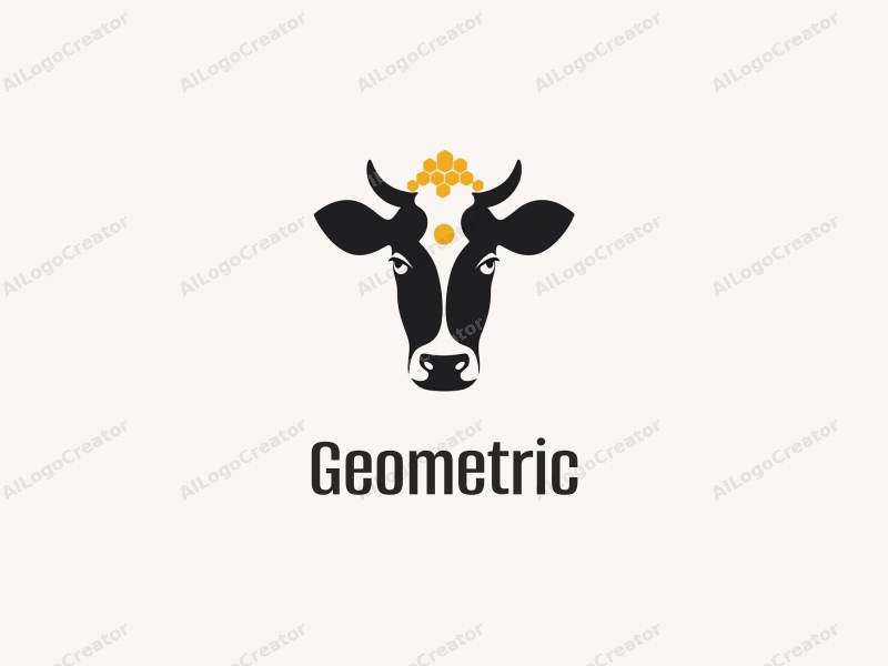 geometric design features a stylized cow and honeycomb shapes, combined with square and circular elements, set against a clean black and white background.