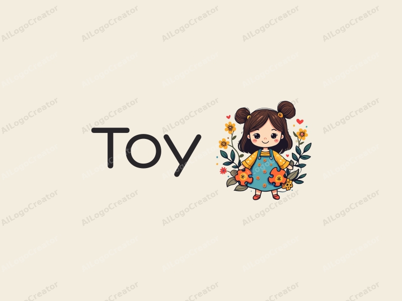 playful design features a stylized doll and puzzle pieces intertwined with vibrant flowers and colorful blocks, combined with a clean background.