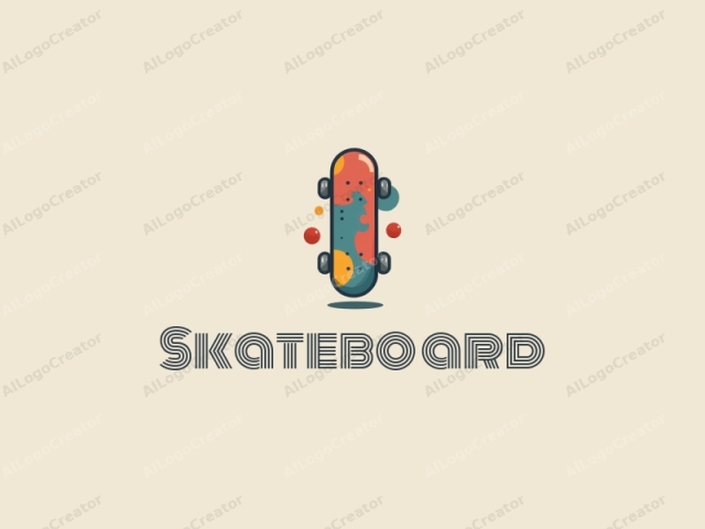 fröhliches Design mit einer lebhaften Skateboard-Silhouette, integriert in kreisförmige Formen, kombiniert mit einem sauberen Hintergrund.