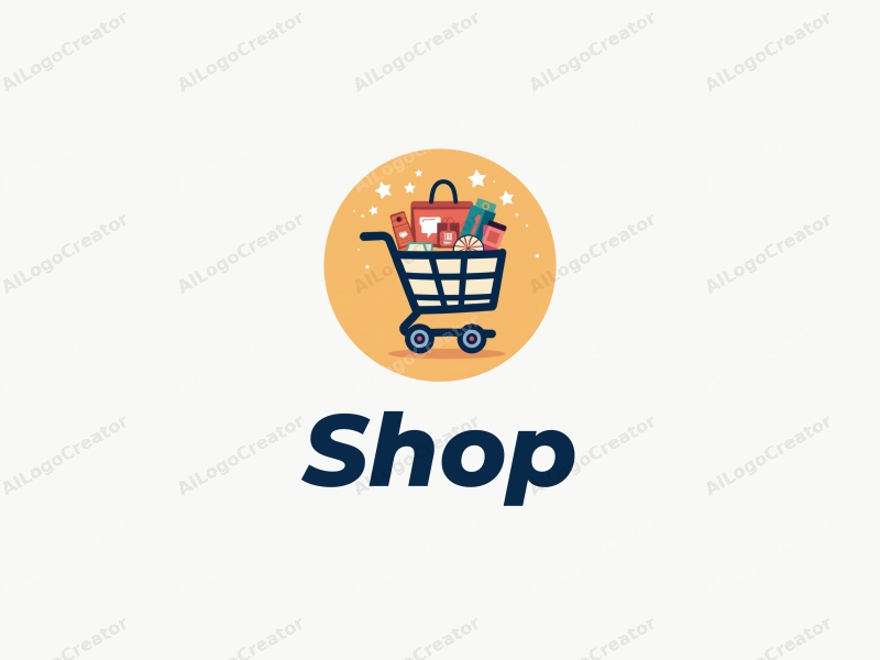 modern design features a stylized shop front, a shopping cart filled with products, combined with a clean background and a harmonious layout.