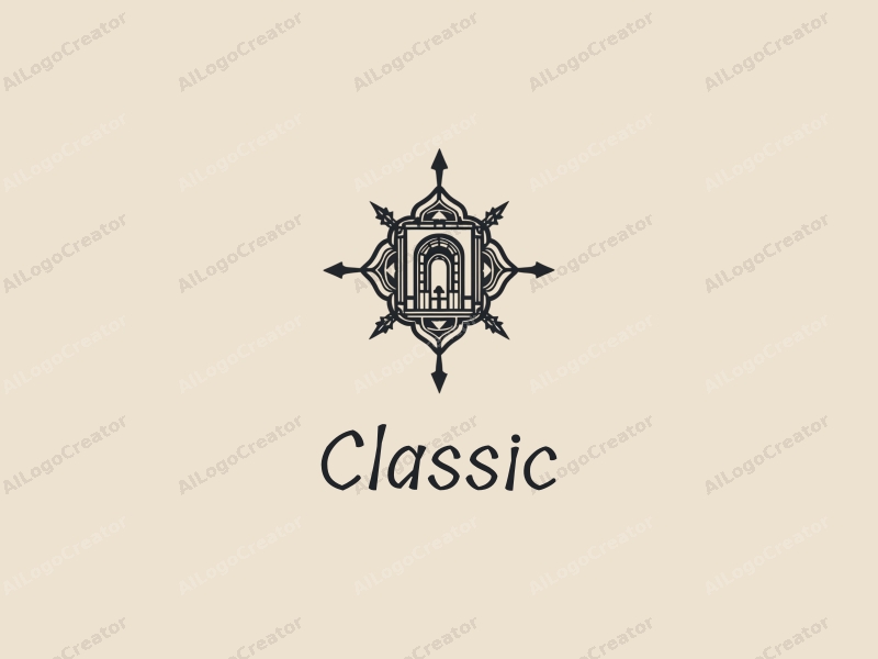 vintage design features classic architectural elements, stylized arrows, and a harmonious blend of dark and neutral colors combined with a clean background.