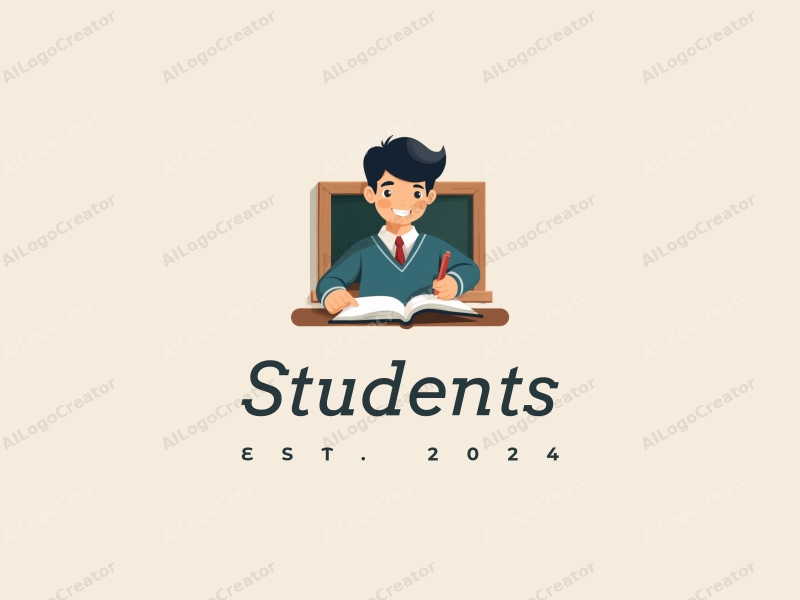 modern design features a stylized student in a classroom setting, with an open book and a blackboard, combined with a clean background.