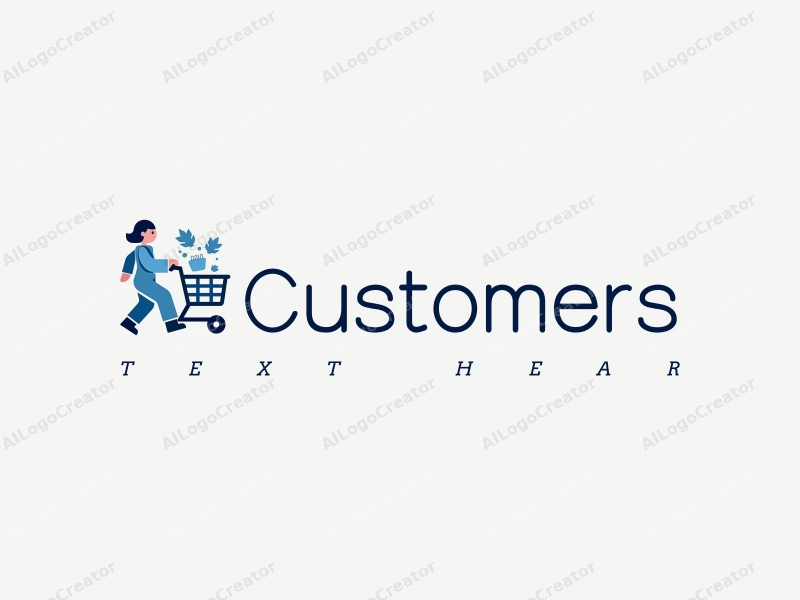 a modern design featuring a smiling shopper pushing a shopping cart, with a clean and simple layout, incorporating blue tones and a harmonious composition.