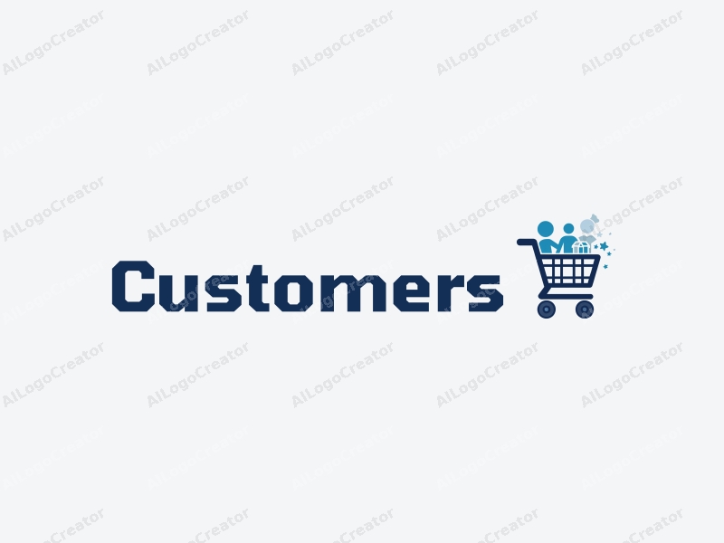 a modern design featuring a stylized shopping cart filled with products, accompanied by abstract representations of customers and shoppers, utilizing a clean and simple composition with a blue color palette.