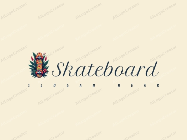 spielerisches Design mit einem lebendigen Skateboard, das mit üppigen Pflanzen verflochten ist, unter Verwendung eines Collage-Ansatzes kombiniert mit einem sauberen Hintergrund.