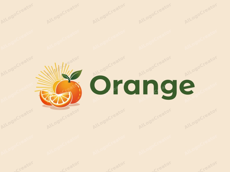 a modern and natural design featuring a stylized orange and orange juice, with rays of sunlight and orange slices, combined with a clean background.