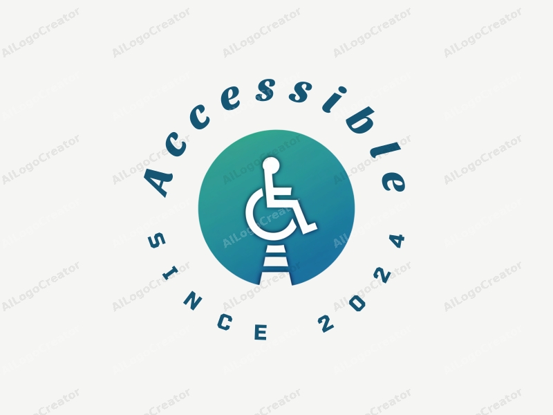 modern minimalist design features a stylized accessibility pathway and a disability symbol, combined with a clean background in blue and green tones.