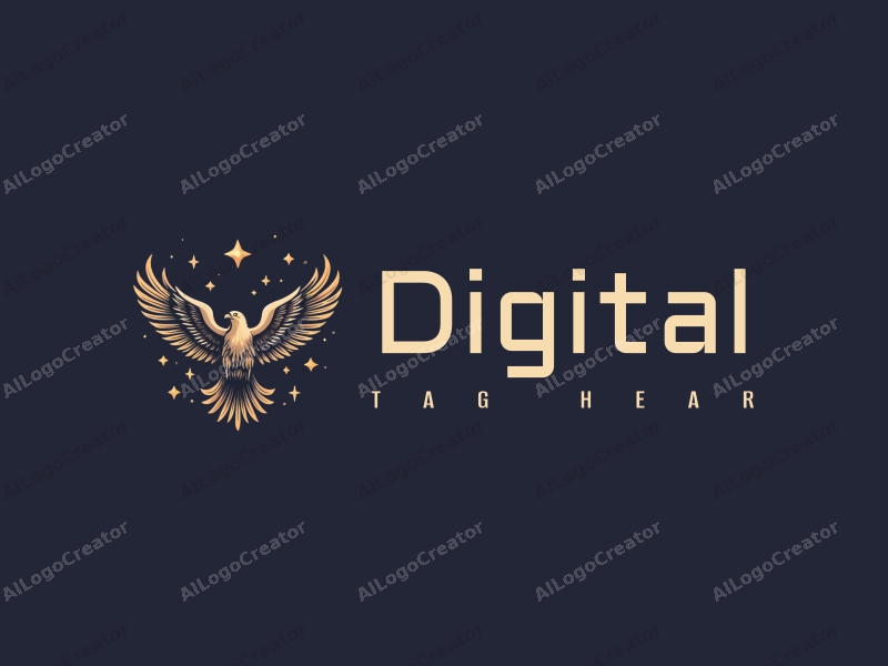 modern design features a stylized eagle soaring through a starry sky, incorporating digital elements with a clean background and a harmonious composition.