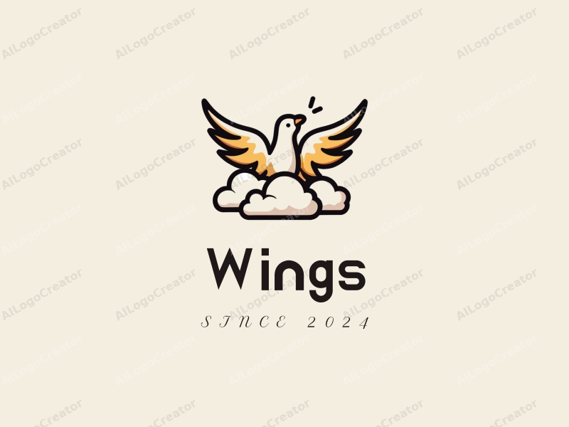 playful design features stylized wings and a bird in flight, surrounded by fluffy clouds, combined with a clean background.