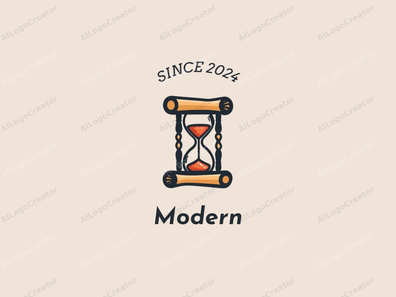 modern minimalist design features a stylized hourglass and a historical scroll, combined with a clean background and innovative elements.