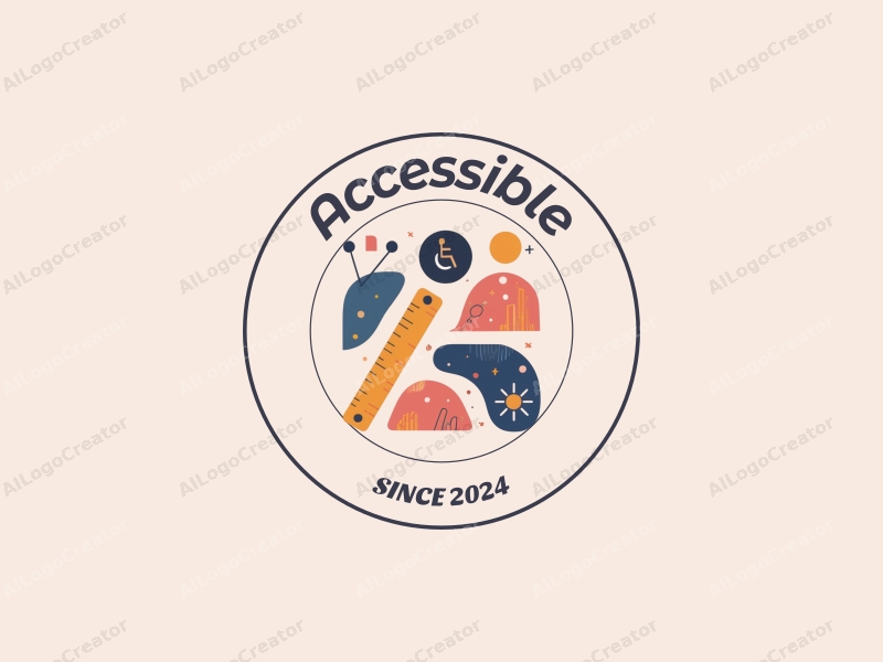 modern design features accessibility symbols, inclusive design elements, tools like a compass and ruler, and dream-like abstract shapes combined with a clean background.