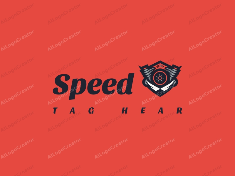 modern design features dynamic lines representing speed, a stylized engine silhouette, and a racetrack element combined with a clean background.