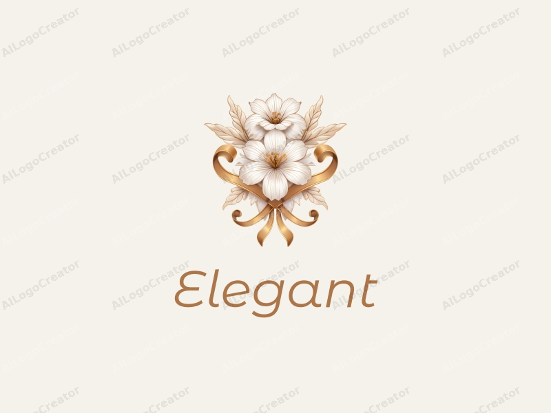 a modern and classic design featuring elegant flowers intertwined with luxurious ribbons, in a harmonious composition of white and gold colors, creating a sophisticated and glamorous aesthetic.