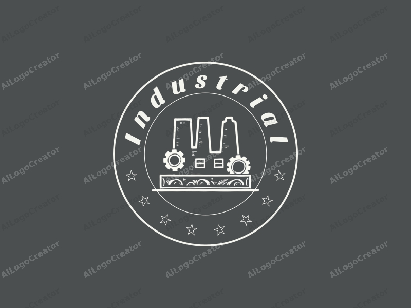 modern design features a stylized factory silhouette, interlocking gears, and a conveyor belt, combined with a clean background.