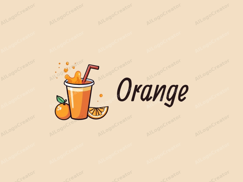 playful design features a stylized orange and juice splash, a cheerful cup with a straw, combined with a clean background.