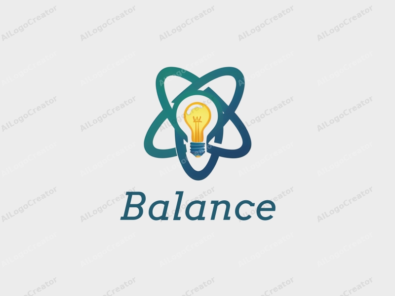 a modern design featuring a balanced composition of an atomic model and a light bulb, utilizing blue and green colors, with a clean background and harmonious elements.